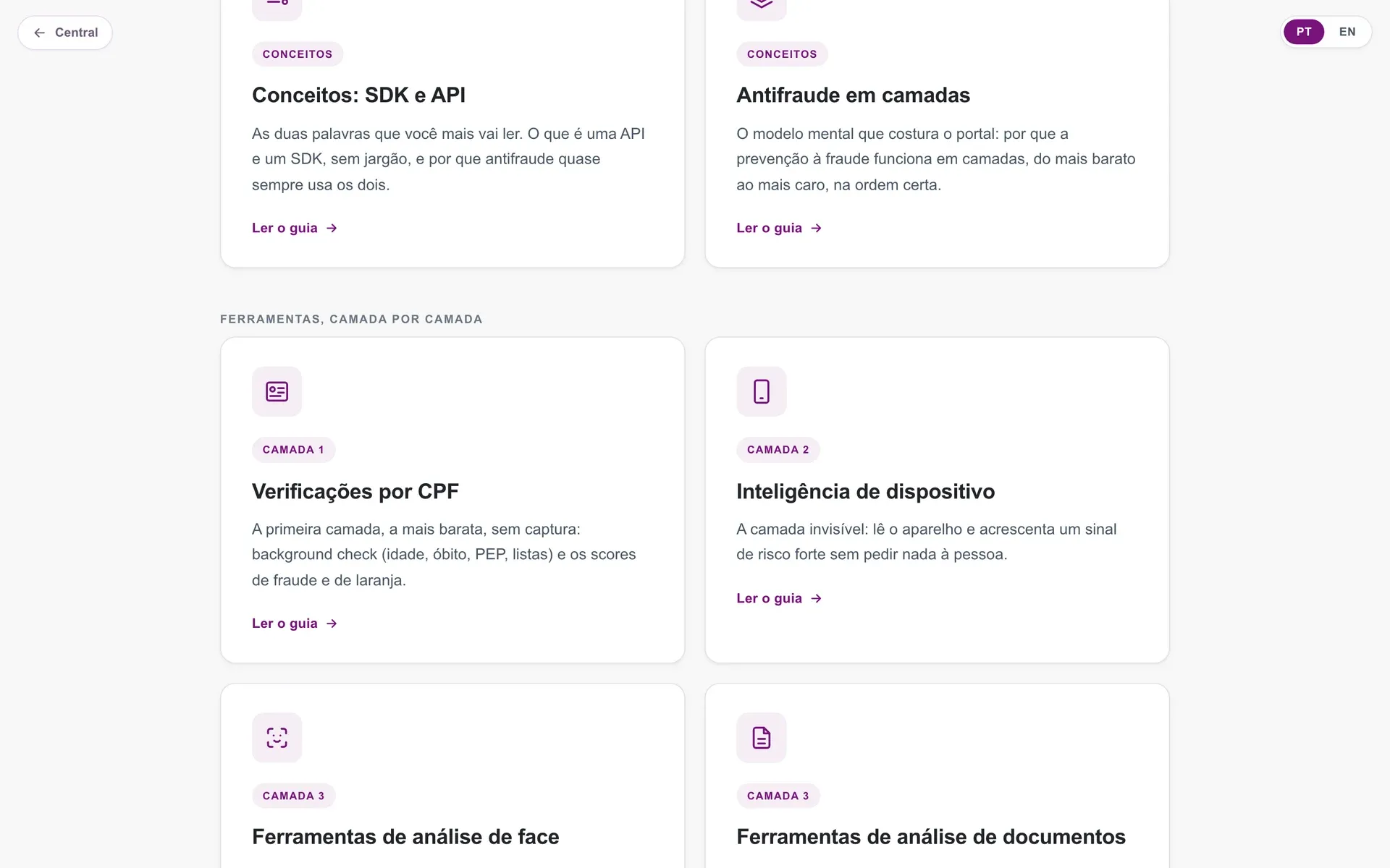 A trilha de guias, agrupada em conceitos, ferramentas por camada e caso aplicado.