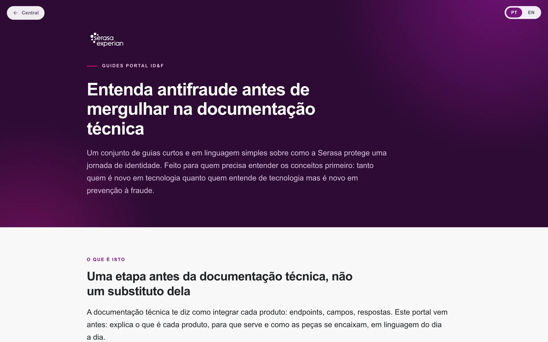 A abertura do portal, com o toggle de idioma e a proposta em uma frase.