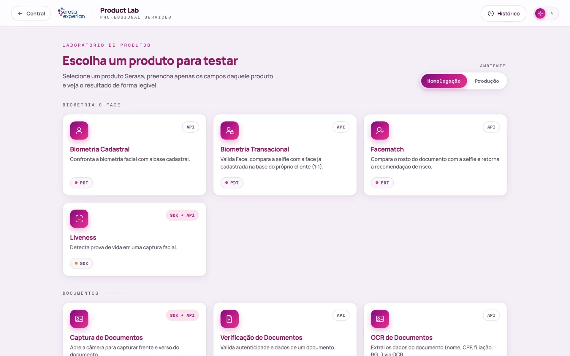 Catálogo do Product Lab, agrupado por família de produto, com seletor de ambiente.