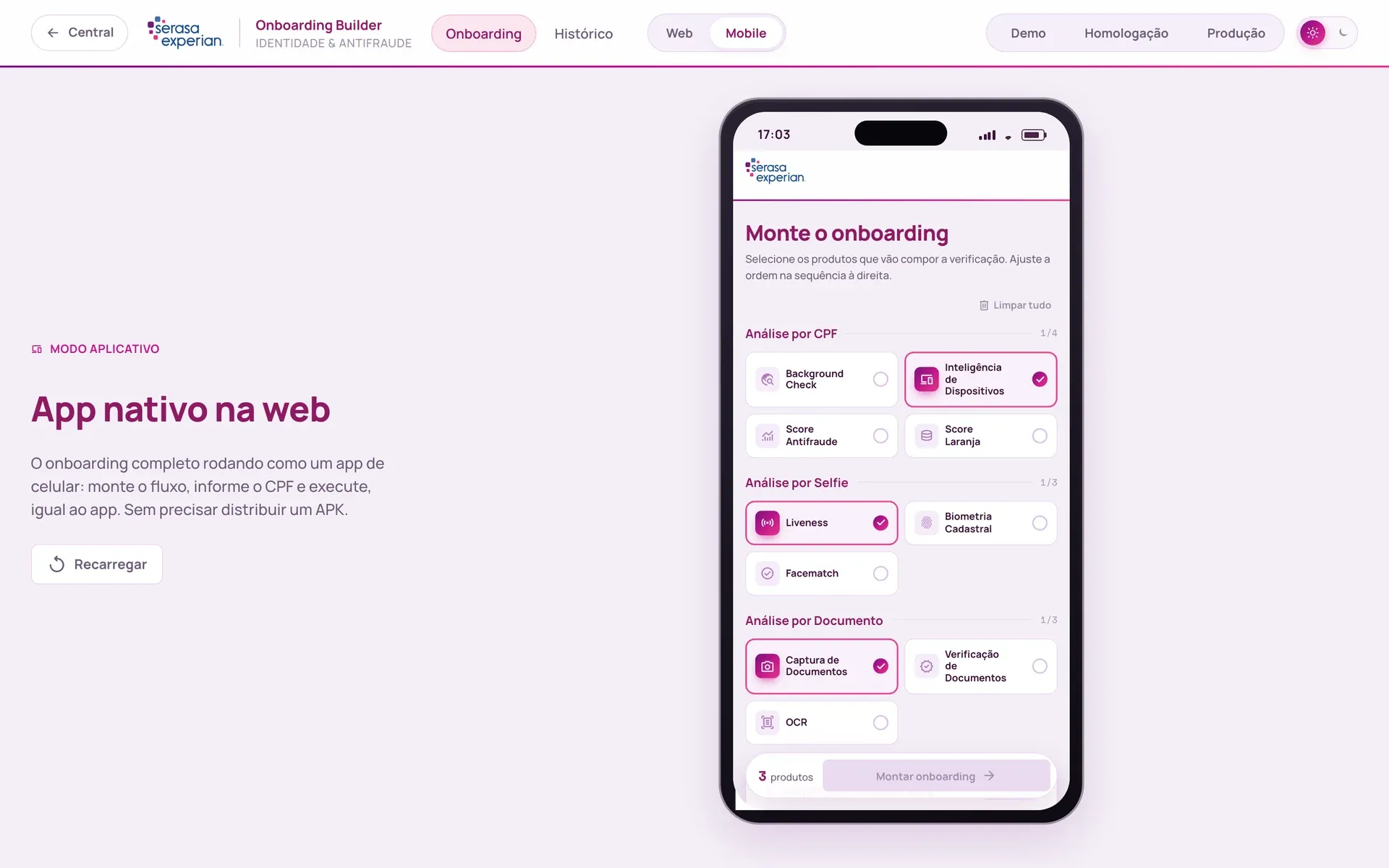 Modo aplicativo: o mesmo onboarding rodando numa moldura de celular, sem APK.