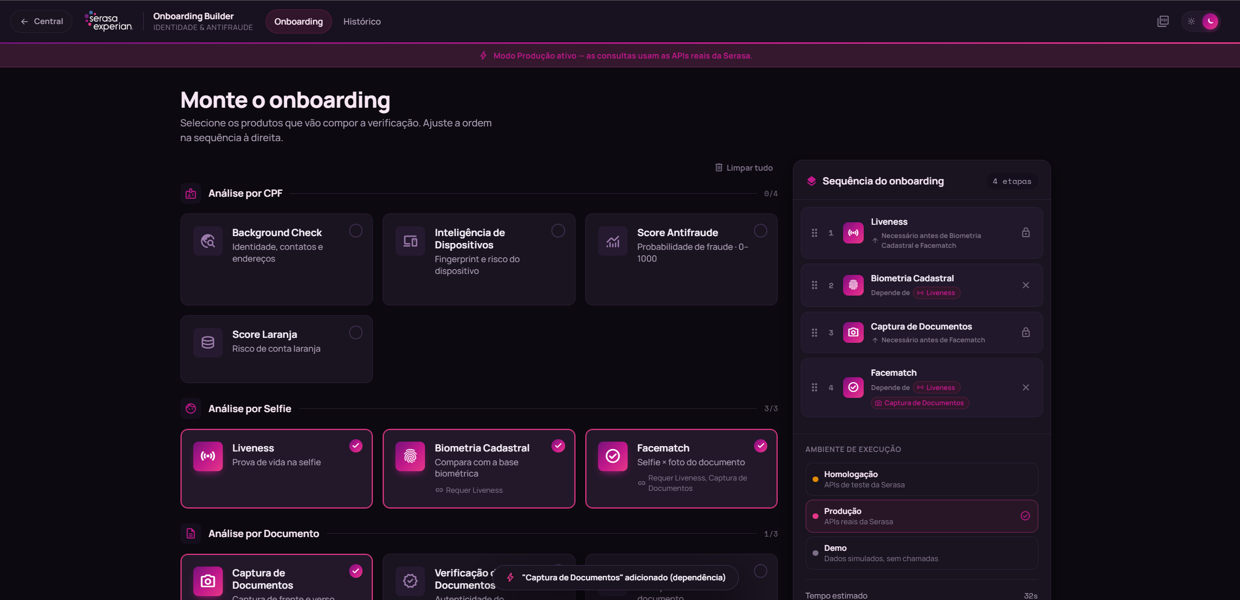 Onboarding Builder Web com seletor de ambiente e aviso de modo Produção ativo.